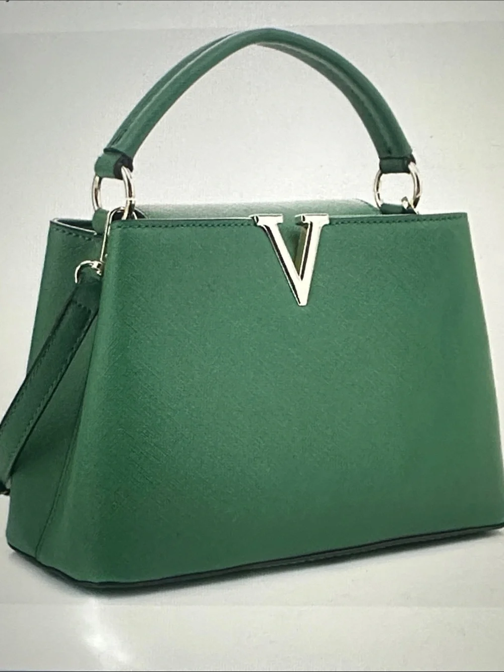Green Top-Handle Women’s Handbag with Gold V Accent